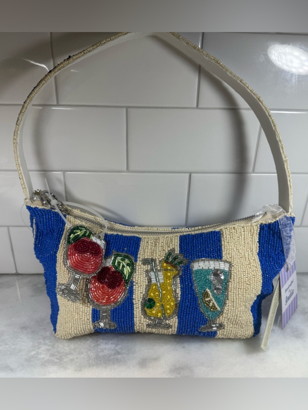 Viral Cocktail Drinks Beaded Shoulder Bag, Blue & White Stripe Made In India NWT